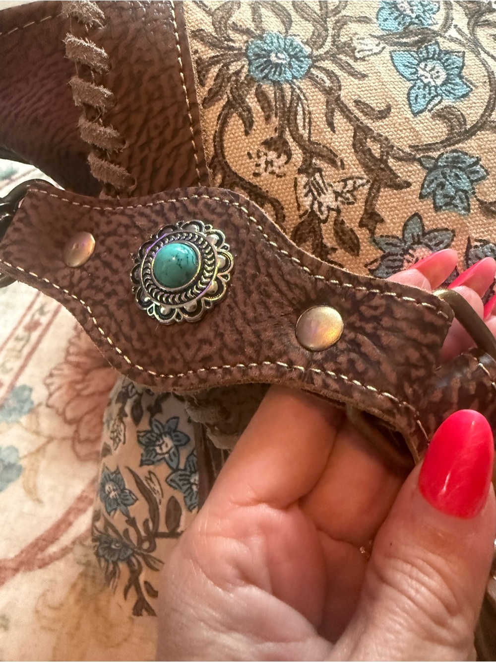 Myra Handcrafted Blue Floral Crossbody Bag with Brown Leather Trim - Picture 3 of 10